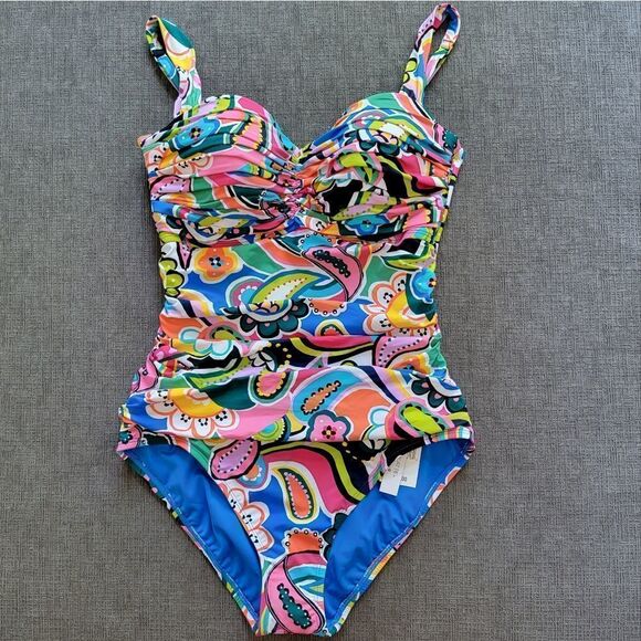Bleu Rod Beattie Paisley Floral Print Shirred Bandeau One Piece Swimsuit sz 10 - Picture 7 of 16